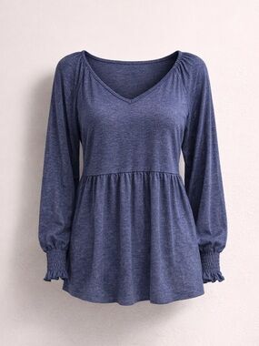 Lomon Navy Babydoll Top Long Sleeve Stretch Large NWT